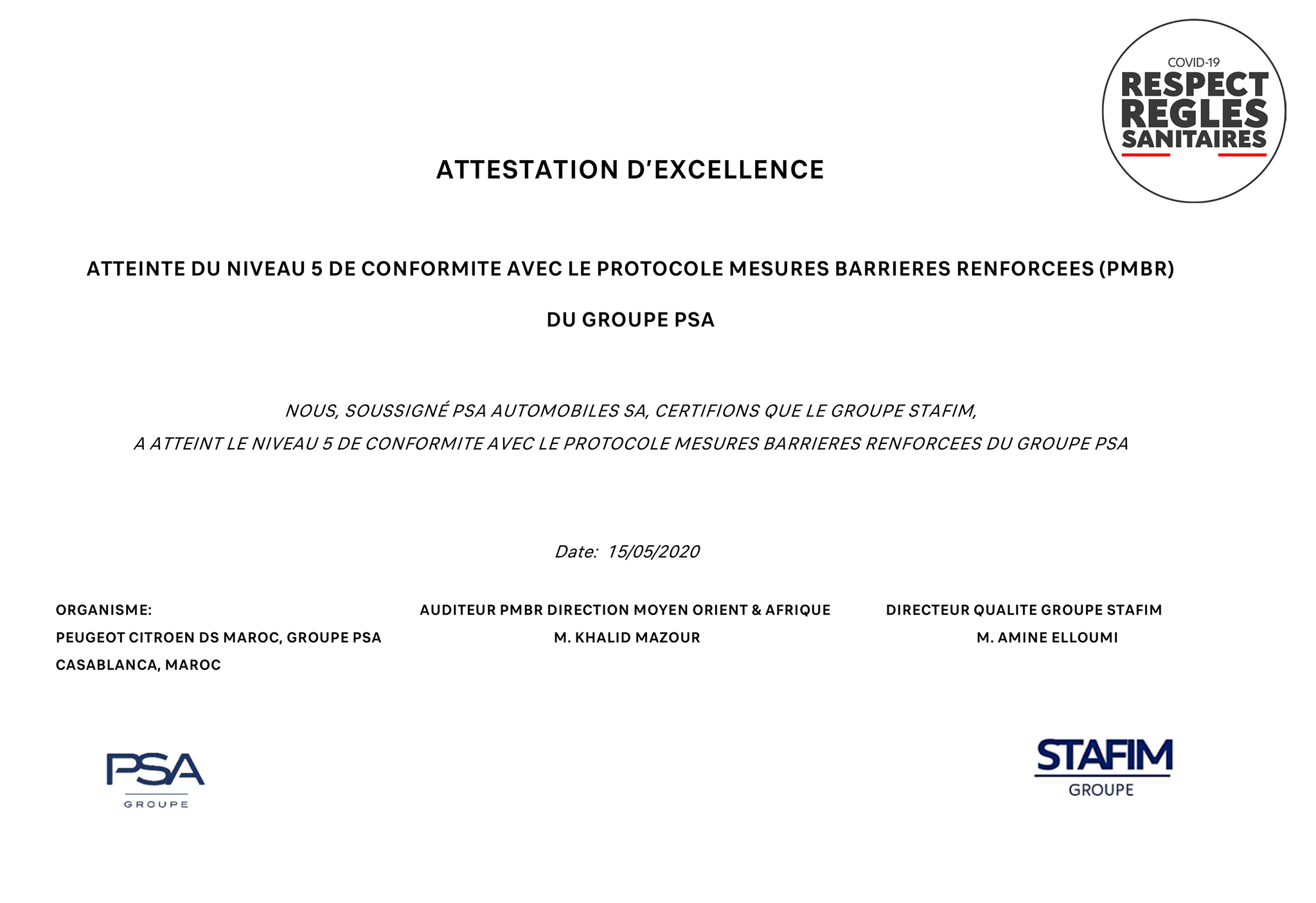 STAFIM Peugeot obtient l’attestation d’excellence pour le respect des règles sanitaires covid-19